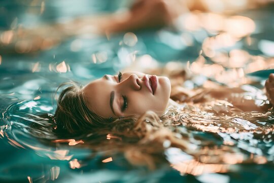 Young woman with closed eyes resting peacefully floating in clear turquoise swimming pool water