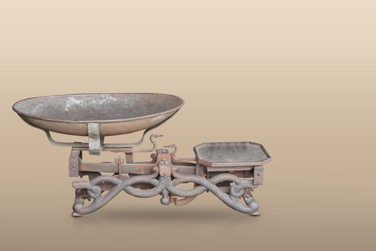 front view antique brown and rust weighing scale on brown background, object, ancient, business, copy space