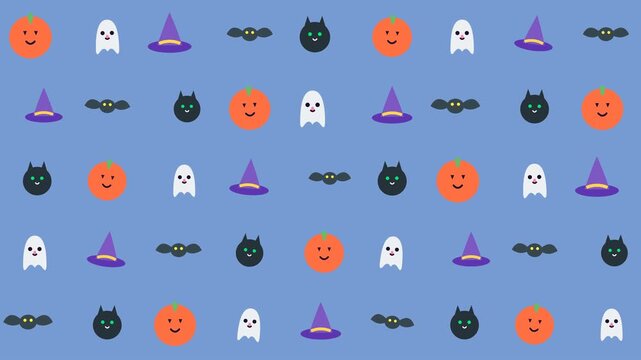 Halloween seamless pattern with pumpkins ghosts and witch hats