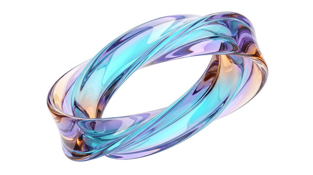 Abstract glass ring with iridescent blue and purple swirls. Futuristic crystal torus sculpture. Transparent liquid glass loop for tech design.