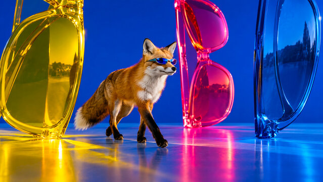 Funny fox walking between giant colorful translucent sunglasses in a glossy studio, ideal for fashion, eyewear, lifestyle and humorous advertising campaigns.
