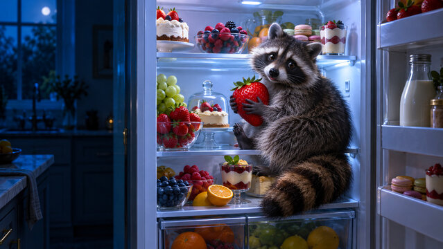 Funny raccoon raiding an open refrigerator full of food at night, ideal for grocery, kitchen, pet, lifestyle and humorous advertising campaigns.