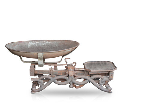 front view antique brown and rust weighing scale on white background, object, ancient, business, copy space