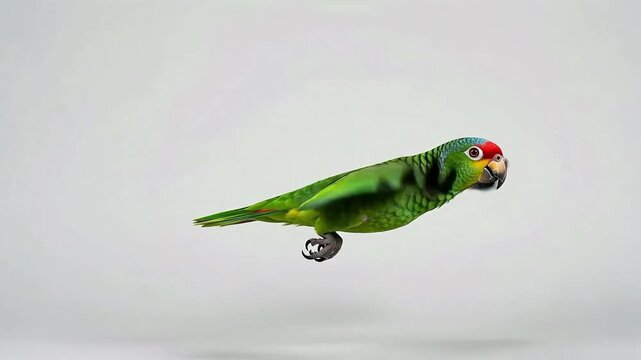 A green amazon parrot flying with its wings slightly spread