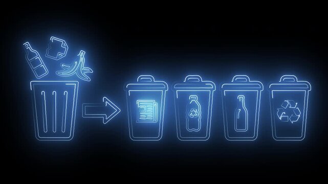 Neon Blue Waste Sorting Material Recycling Bins and Eco Protection Motion Graphic