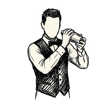 Faceless elegant bartender in vest and bow tie mixing cocktail in shaker isolated against transparent background, concept of classic cocktail culture