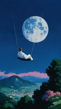 Dreamlike swing under moon mobile wallpaper