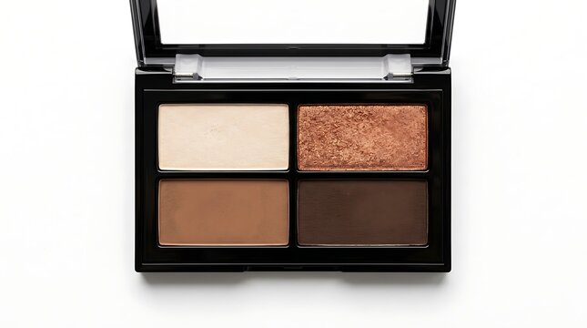 Open makeup eyeshadow palette with four neutral shades in black case