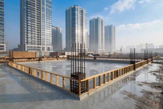Newly poured concrete foundation enclosed by wooden frames at a city construction site