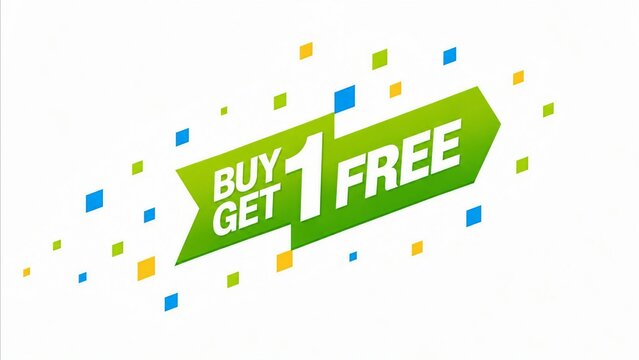 Bright green buy one get one free promotional arrow with colorful dots background