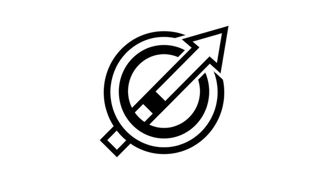Minimalist black and white vector icon featuring an upward pointing arrow breaking through a circle symbolizing growth, progress and business success