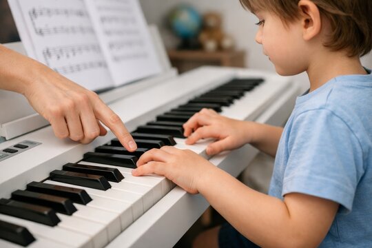 Child piano lesson with instructor pointing to keys for beginner music education and practice session at home to teach keyboard skills and hand positioning
