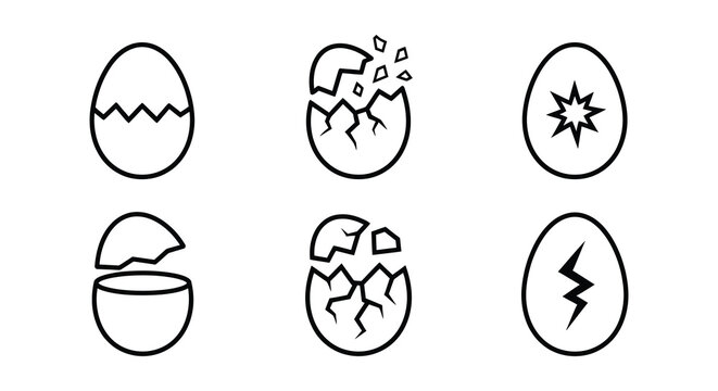 Collection of cracked egg and whole egg line icons on a white background