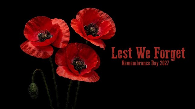 Vibrant red poppies against black background with remembrance text overlay