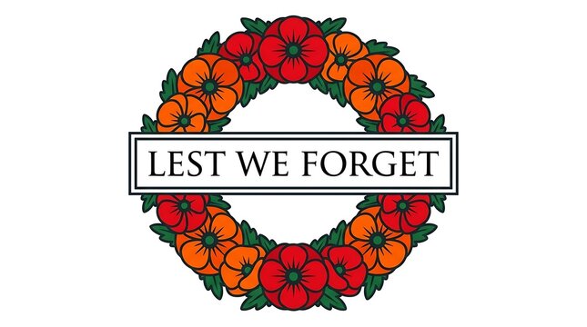 Remembrance day poppy wreath with lest we forget text on white background