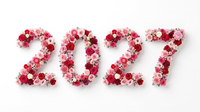 Number 2027 composed of fresh red and pink floral roses isolated on white background, new year celebration banner, floral numbers.
