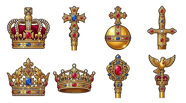 Royal gold crown and regalia set, medieval monarch jewelry collection with 8 items, ornate golden scepter and orb icons