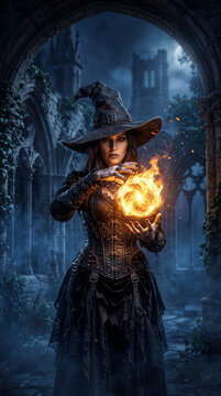 Gothic witch holding a glowing fireball in stone ruins