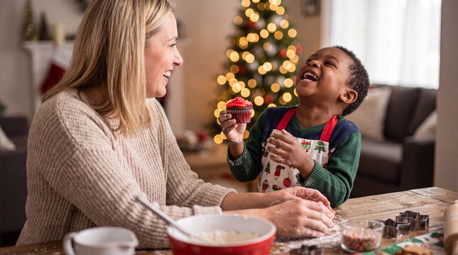 A happy White mother and her young son decorate Christmas cupcakes at home, perfect for festive family advertising and seasonal social content.
