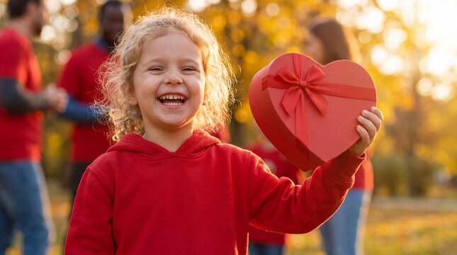 A glowing child volunteer holds a heart-shaped gift box at sunset for Giving Tuesday, inspiring love and generosity in holiday charity campaigns.