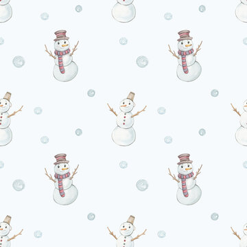Watercolor seamless pattern with snowmen and snowballs. Hand-drawn print with cute snowman characters. Illustration for children's Christmas design. Wallpaper, background, wrapping paper.