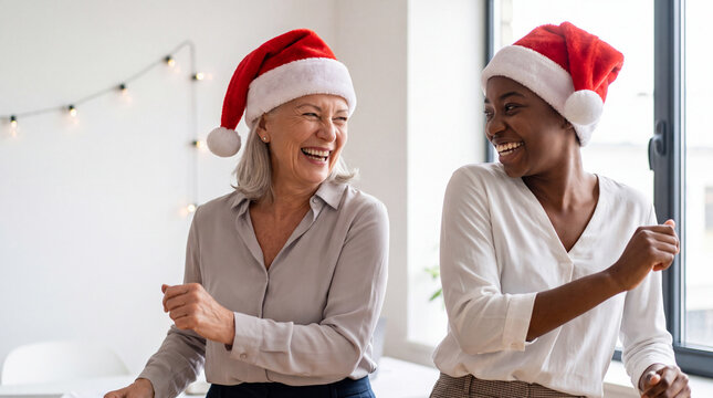 A senior manager and a young employee in Santa hats enjoy a lighthearted Christmas dance at work for internal communications.