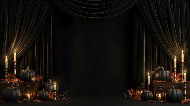 Festive halloween scene with dark draped curtains pumpkins and burning candles dark stage halloween decor holiday decor candle light halloween party fall season