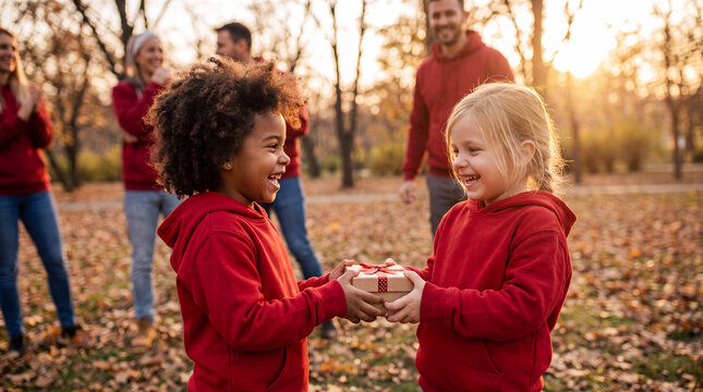Two child volunteers hold a ribbon-wrapped gift box at sunset for Giving Tuesday, celebrating generosity and love in autumn charity campaigns.