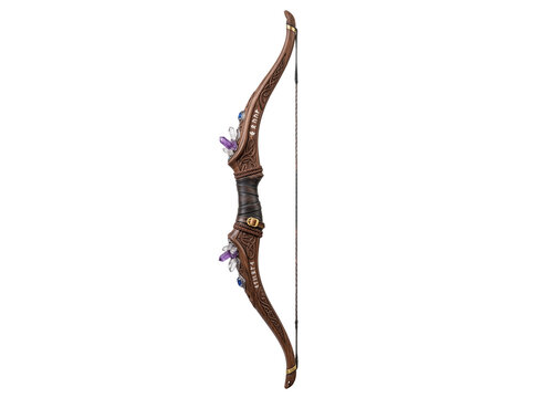 Ornate wooden longbow decorated with purple crystals runes for fantasy style usage.
