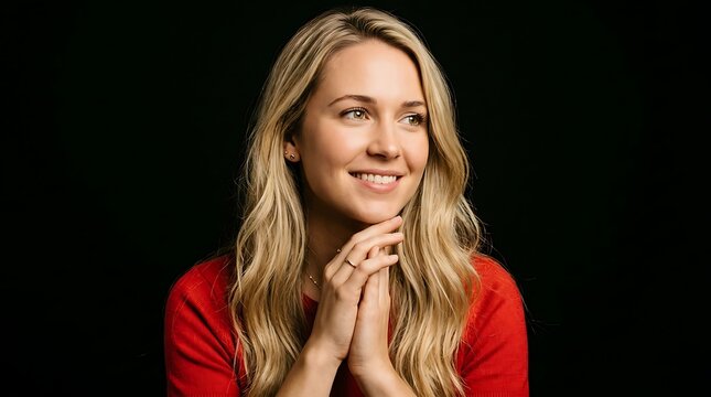 Beautiful young woman with blonde hair smiling gently against a dark background