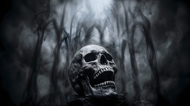 Human skull with open jaw in mysterious dark forest atmosphere spooky background creepy skull haunted woods death imagery horror theme halloween decor sinister