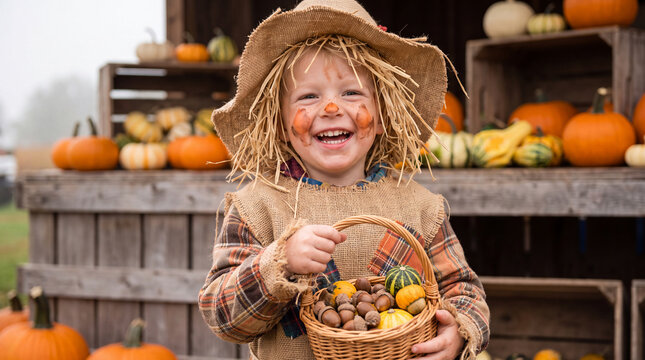 A cheerful toddler in a scarecrow costume holds a basket of acorns and squash at a farm stand, perfect for autumn harvest marketing content.