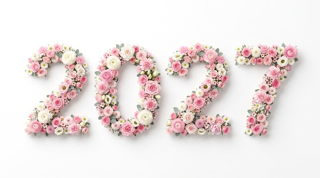 Number 2027 formed with pink and white flowers isolated on white background, new year celebration concept, floral typography.