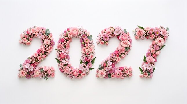 Number 2027 formed with arrangement of fresh pink flowers and leaves on white background, floral typography design, new year celebration header.