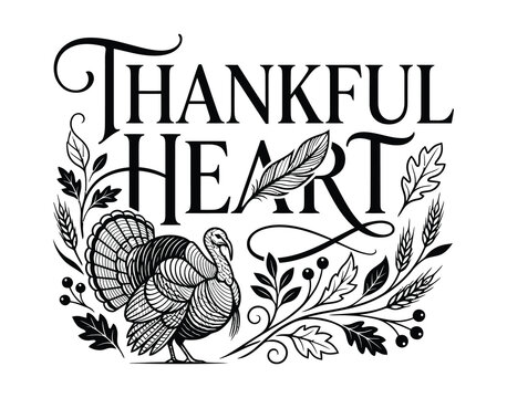 Black and white hand drawn illustration of a turkey surrounded by autumn leaves with the text thankful heart