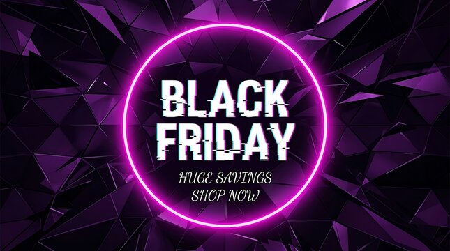 Neon black friday sale advertisement with glowing circle and abstract background