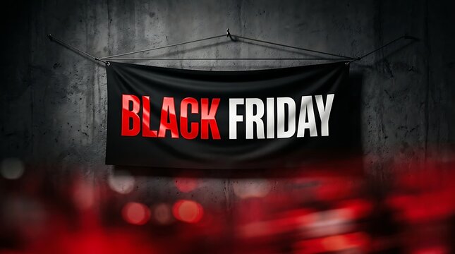Dramatic black friday banner with red and white text on a dark background