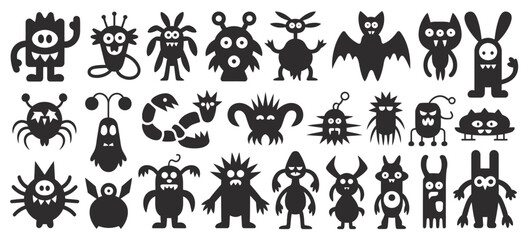 Obraz premium Large set of black silhouette cute cartoon monsters, aliens, ghosts, and funny creatures on a white background, for and decoration