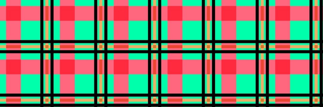 Seamless tartan plaid pattern in bright pink, cyan, and black colors. Colorful geometric grid vector background for fabric, wallpaper, or digital craft design