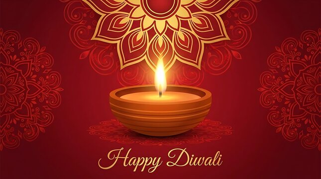 Elegant diwali celebration with glowing lamp and ornamental red background