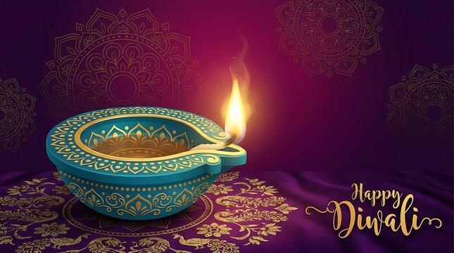 Illuminated tealight diya lamp with decorative patterns for a festive diwali celebration