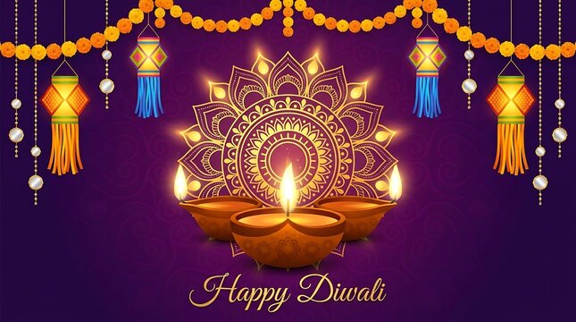 Beautiful diwali celebration with illuminated lamps and festive decorations on purple background