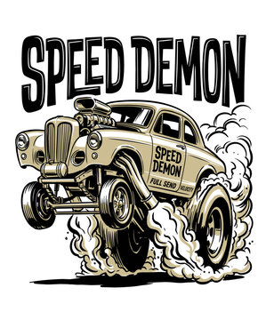 Speed Demon vintage car design. Hot rod racing illustration. Retro automotive t shirt art.