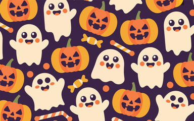 Fototapeta premium Halloween pattern design with carved pumpkins and ghosts on dark purple