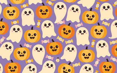 Fototapeta premium Cute halloween seamless pattern with pumpkins and white ghosts on purple