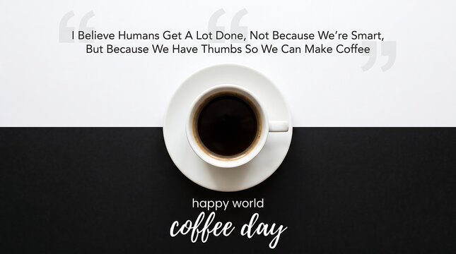 Top view of black coffee in white cup on divided black and white background for celebration with saucer centered split
