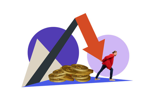 Composite trend artwork sketch photo collage of trader business arrow way direction down crisis decrease loss money coins young guy carry
