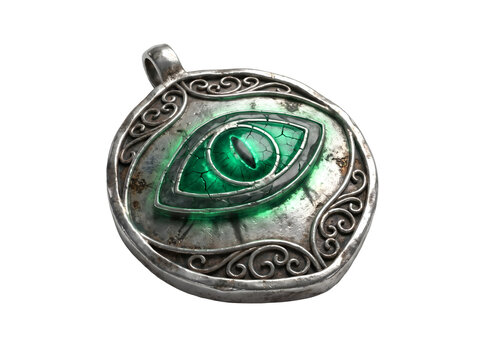 A mystical silver pendant featuring a glowing green dragon eye isolated on white background.
