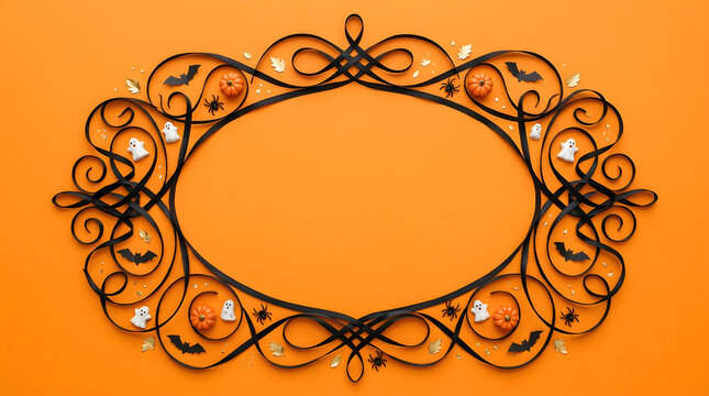 Intricate black metal filigree frame with halloween themed accents halloween theme orange background halloween filigree scrollwork pumpkins decoration