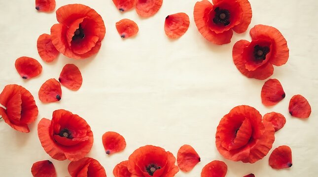 Red poppy flowers arranged in a circular frame on a white background